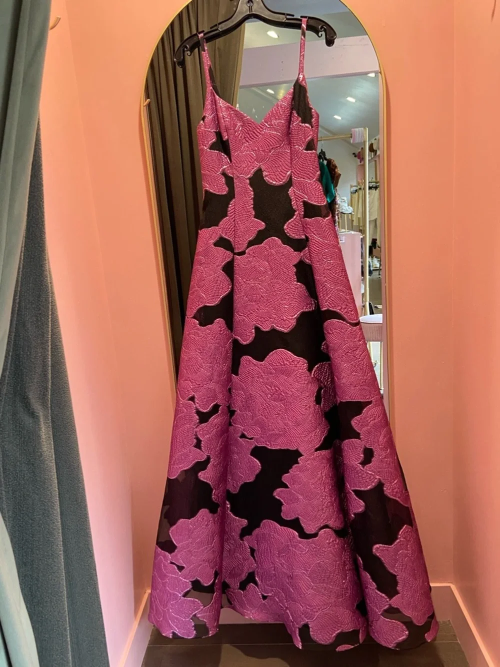 Monique Lhuillier Pink and Black Floral Jacquard Spaghetti-Strap Gown - Picture 2 of 5